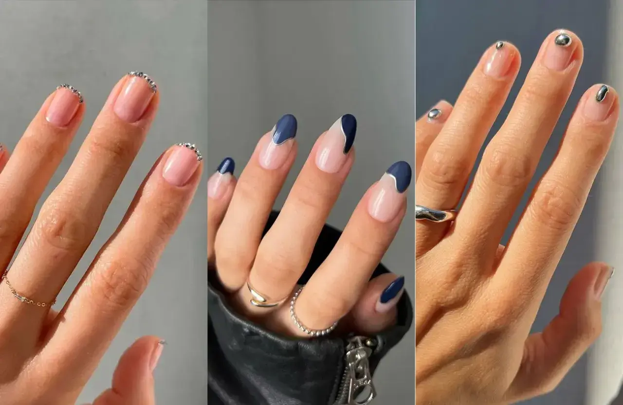 Tres manicuras elegantes: uñas francesas con pedrería, diseño abstracto azul marino y plateado, y uñas minimalistas con detalles metálicos. ¡Ideas de diseño de uñas bonitas!