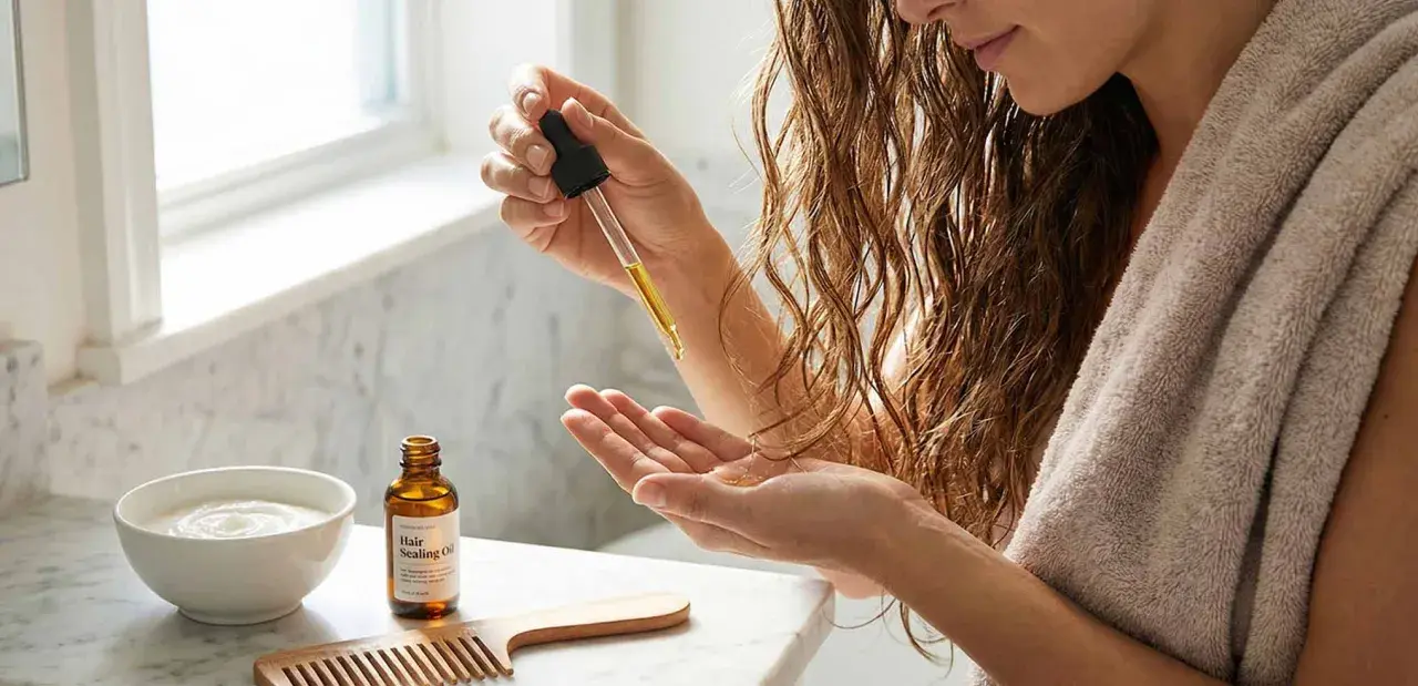Rutina para saber como hidratar el pelo: aplica aceite sellador en tu mano.