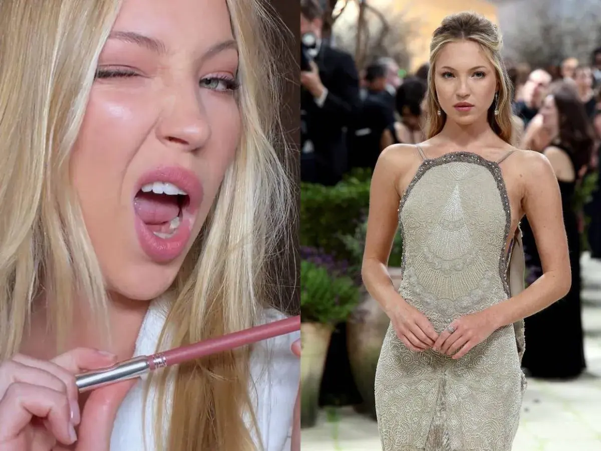 Lila Moss, con labios rosados y un guiño, aplica delineador. En otra imagen, luce un vestido de gala adornado.