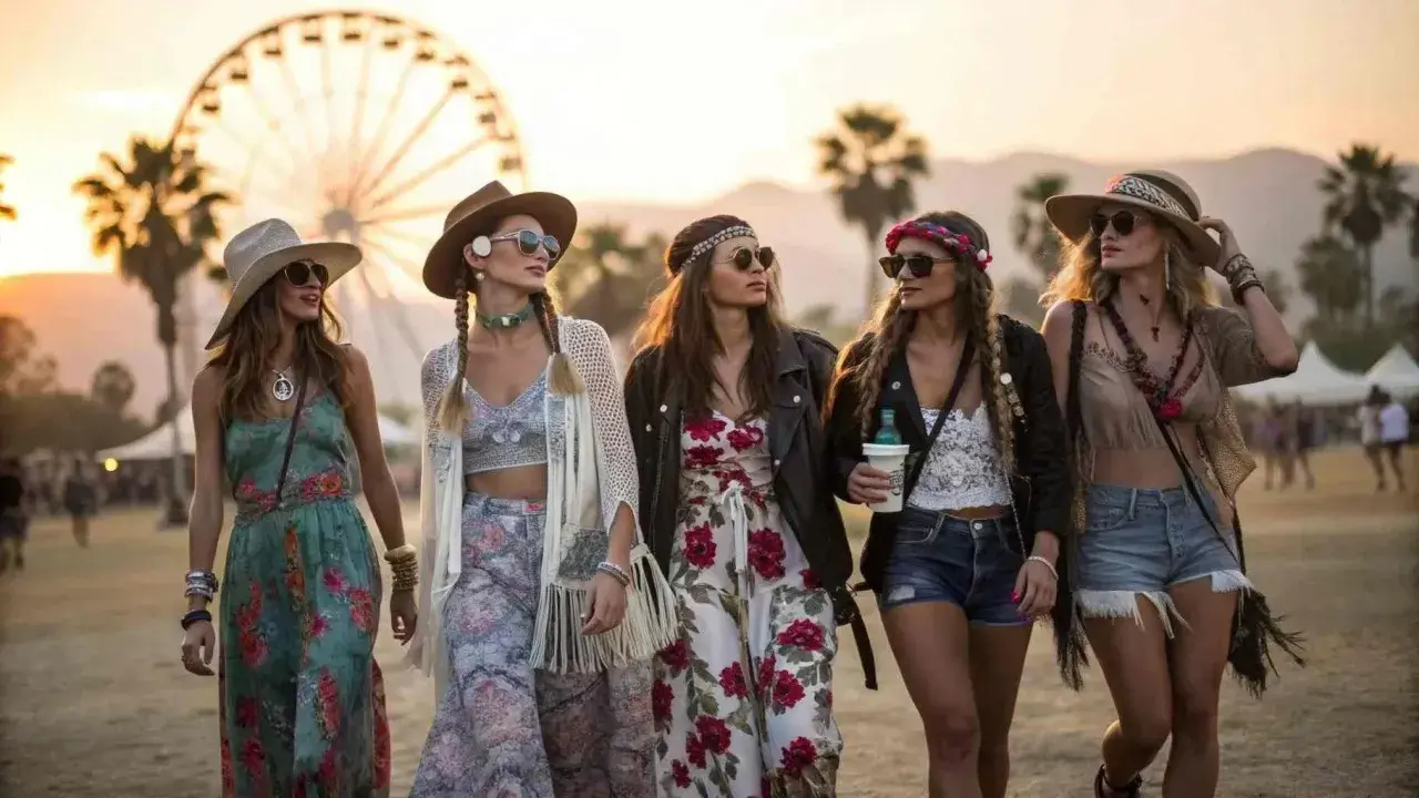 Cinco amigas pasean con un estilo boho, luciendo vestidos florales, sombreros y accesorios playeros.