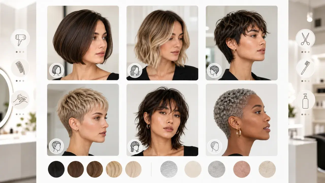 Seis estilos de corte de pelo corto mujer: bob oscuro, rubio ondulado, pixie texturizado, mullet moderno, rubio platino y rizado plateado.