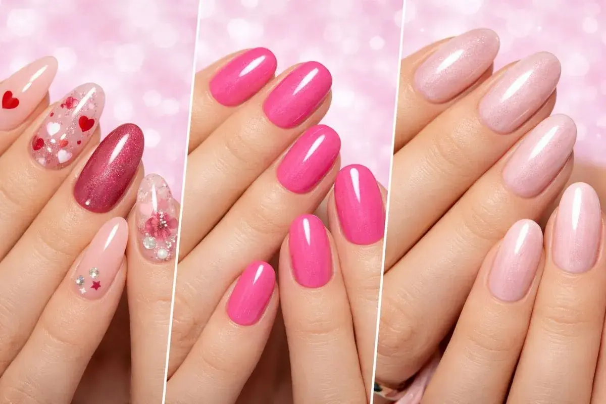 Uñas San Valentín 2026: diseños románticos con corazones, brillos y flores en tonos rosa y rojo.