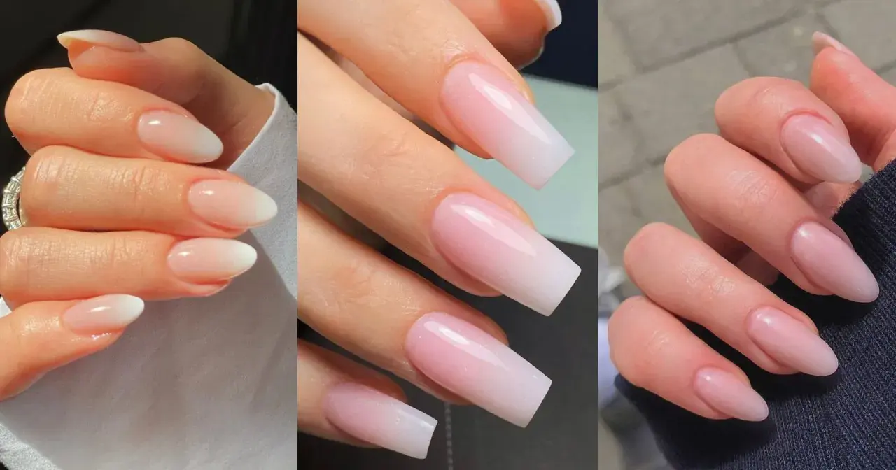 Manicura clásica baby boomer en diferentes formas y longitudes, un degradado sutil de rosa a blanco.
