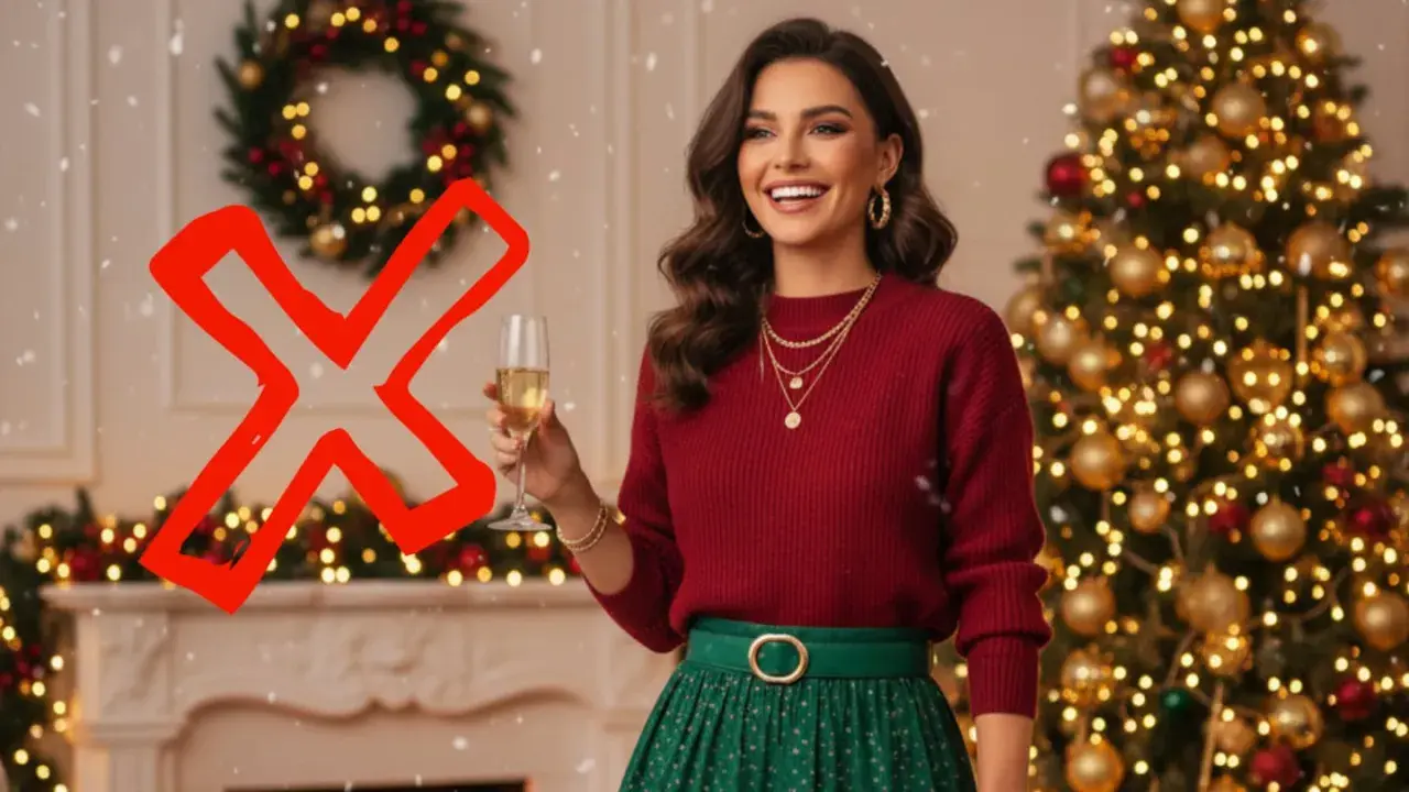 Mujer sonriente con copa de champán, vestida con suéter rojo y falda verde. El **rojo y verde combinan** perfectamente con la decoración navideña.