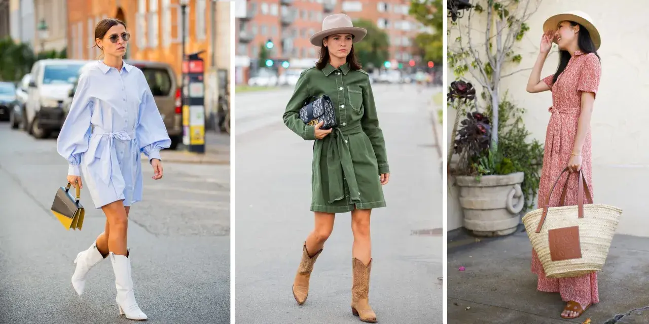 Tres mujeres muestran cómo combinar vestido camisero largo: con botas blancas, botas de vaquero o sombrero y cesta.