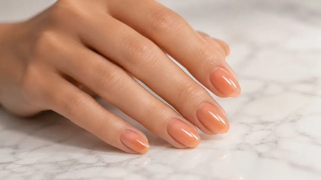 Manos con uñas color melocotón, perfectas para el verano.