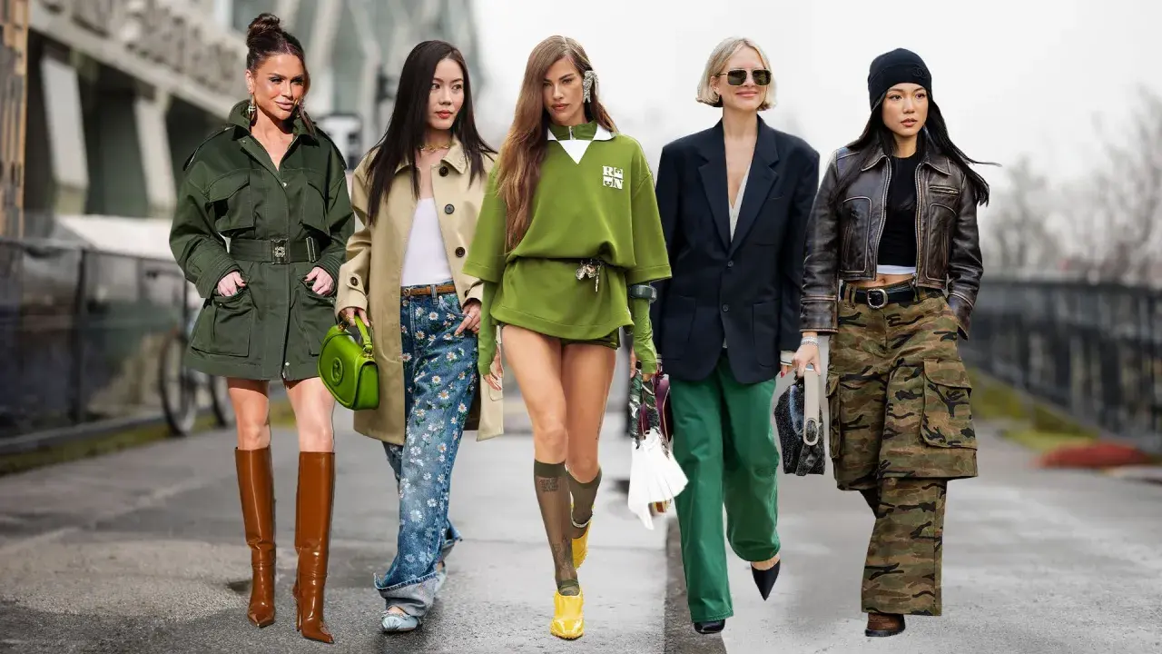 Cinco mujeres muestran cómo combinar el color verde: con botas, bolso, sudadera, pantalones y chaqueta.