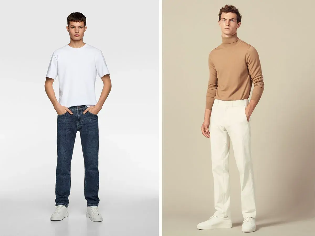 Dos hombres modelan ropa. El de la izquierda lleva vaqueros de corte recto (straight fit significado) y camiseta blanca. El de la derecha, pantalones blancos y jersey de cuello alto.