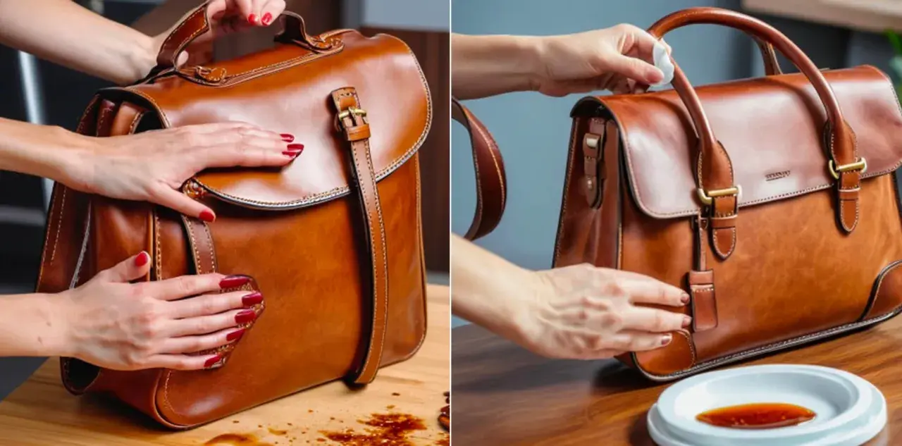 Manos limpiando un bolso de cuero marrón con un paño. Aprende como limpiar cuero marrón para mantenerlo como nuevo.