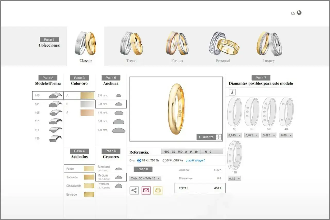 Configurador de tipos de alianzas de boda: elige modelo, oro, anchura, acabado, grosor y diamantes para tu alianza.