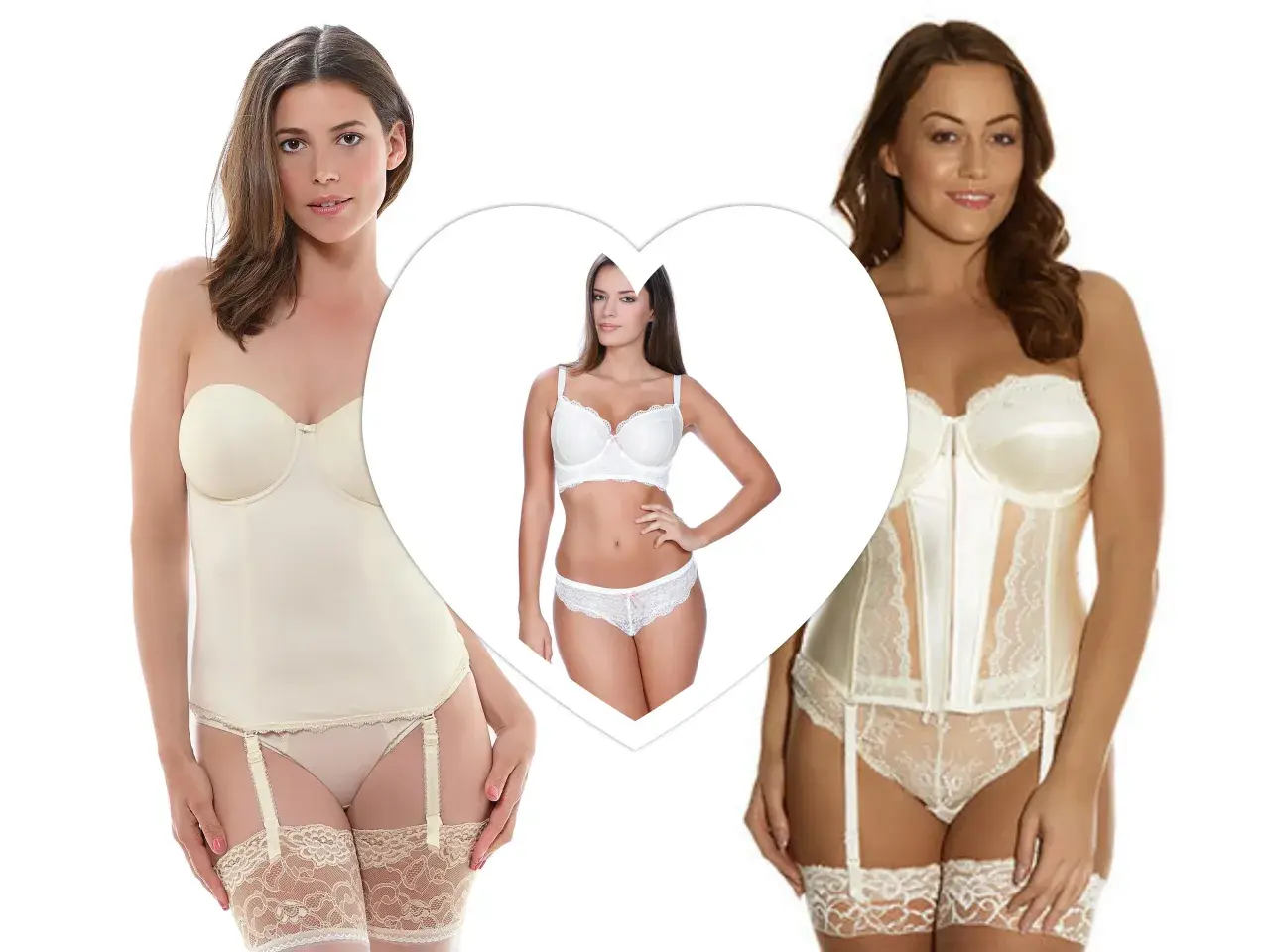 Tres mujeres en lencería, dos corsés y un conjunto de sujetador y braguita, perfectos para las picardías de novia.
