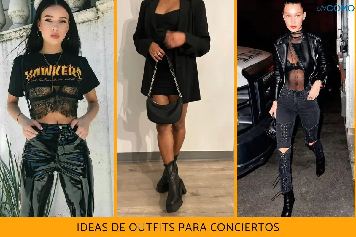 Tres ideas de outfit para concierto de noche mujer: look vinilo, vestido negro con blazer y jeans rotos con cuero.