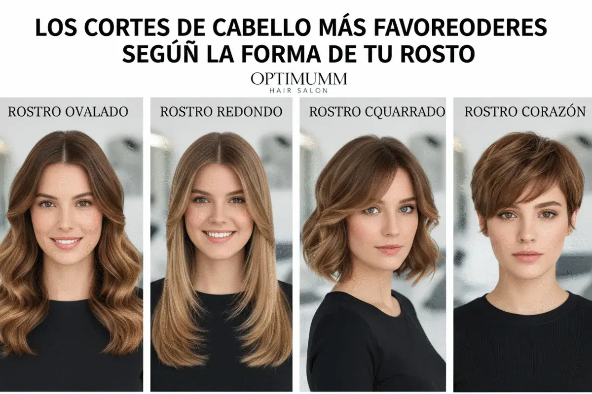 Cuatro mujeres muestran cortes de pelo ideales para diferentes formas de rostro: ovalado, redondo, cuadrado y corazón.