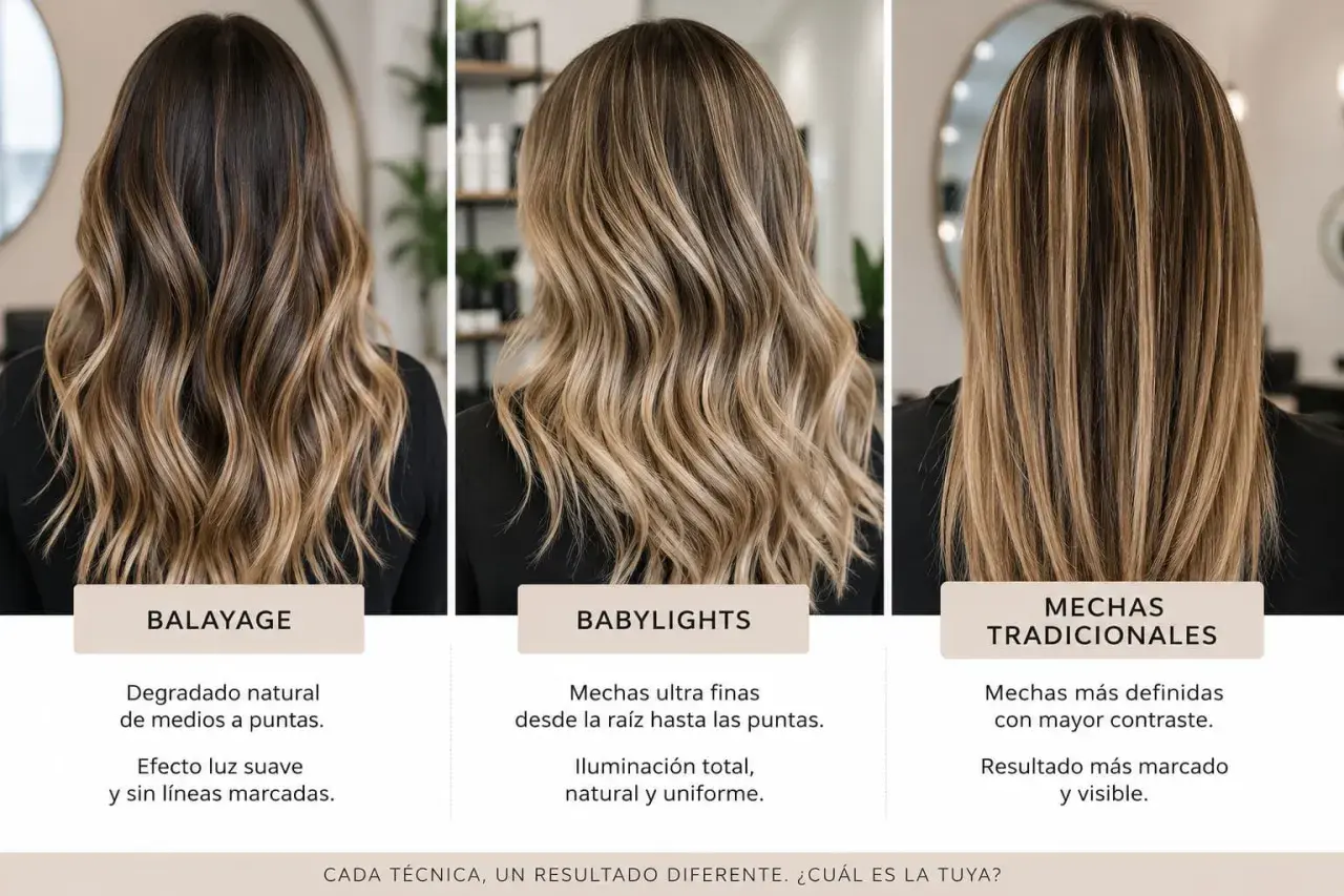 Tres estilos de mechas rubias: balayage degradado, babylights finas y mechas tradicionales marcadas.