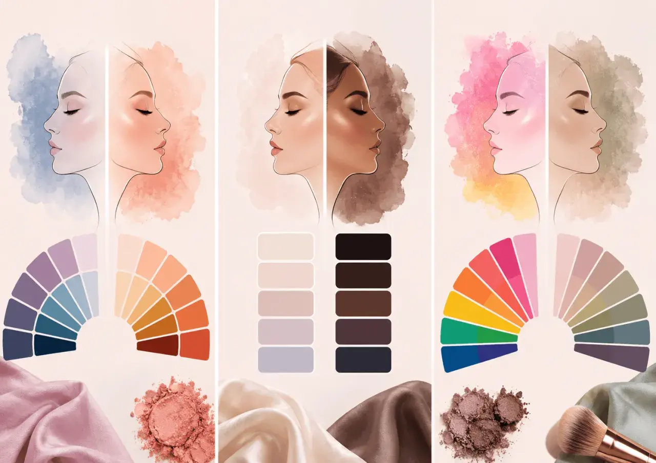 Paletas de colores para maquillaje, con rostros y telas. Incluye tonos fríos, cálidos y neutros, con un toque de color lila en una de las muestras.