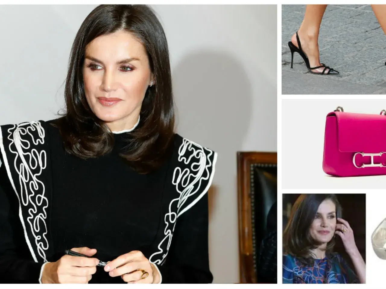 Letizia Ortiz, elegante en negro con detalles blancos, junto a un bolso fucsia y zapatos de tacón.