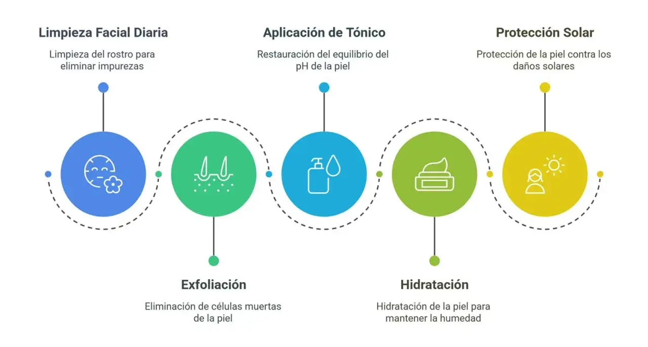 Rutina de limpieza facial: limpieza diaria, exfoliación, tónico, hidratación y protección solar para una piel radiante.