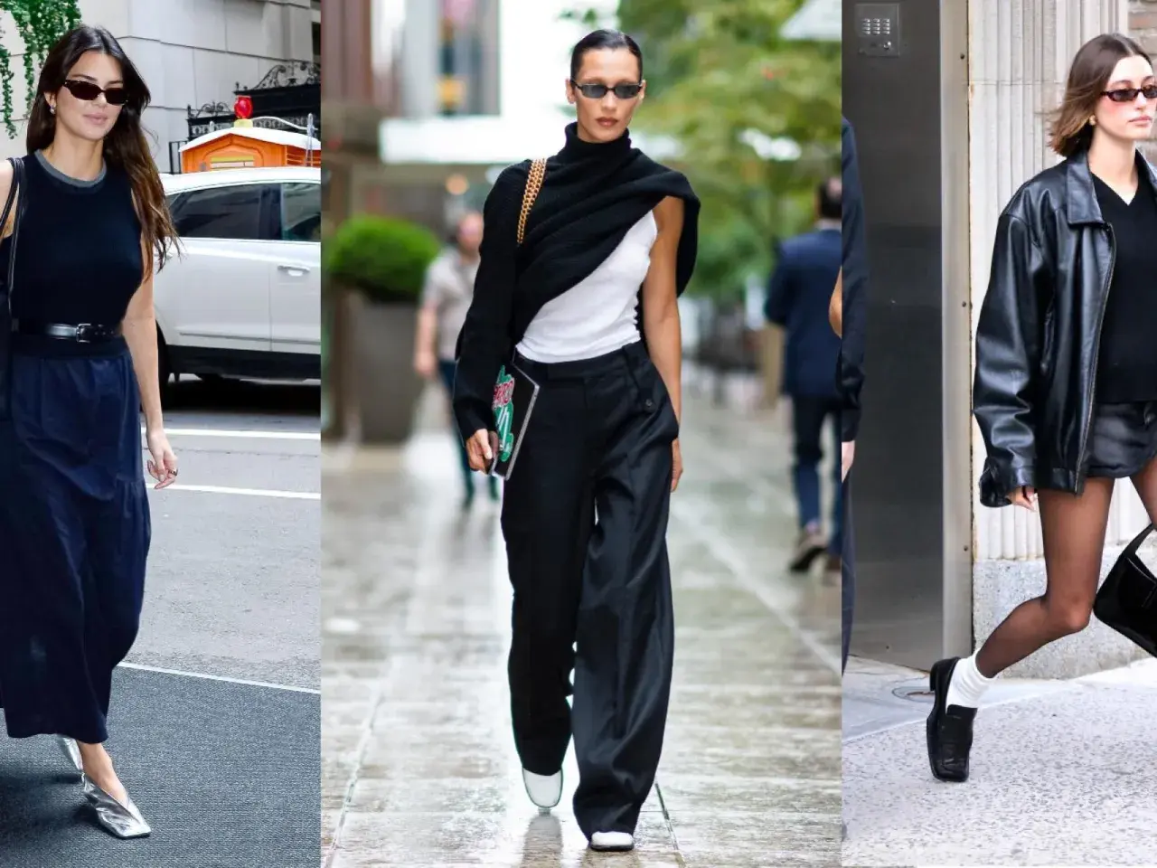 Tres mujeres con looks para hacer turismo urbano: Kendall Jenner con falda larga, Bella Hadid con pantalones anchos y Hailey Bieber con falda corta y chaqueta de cuero.