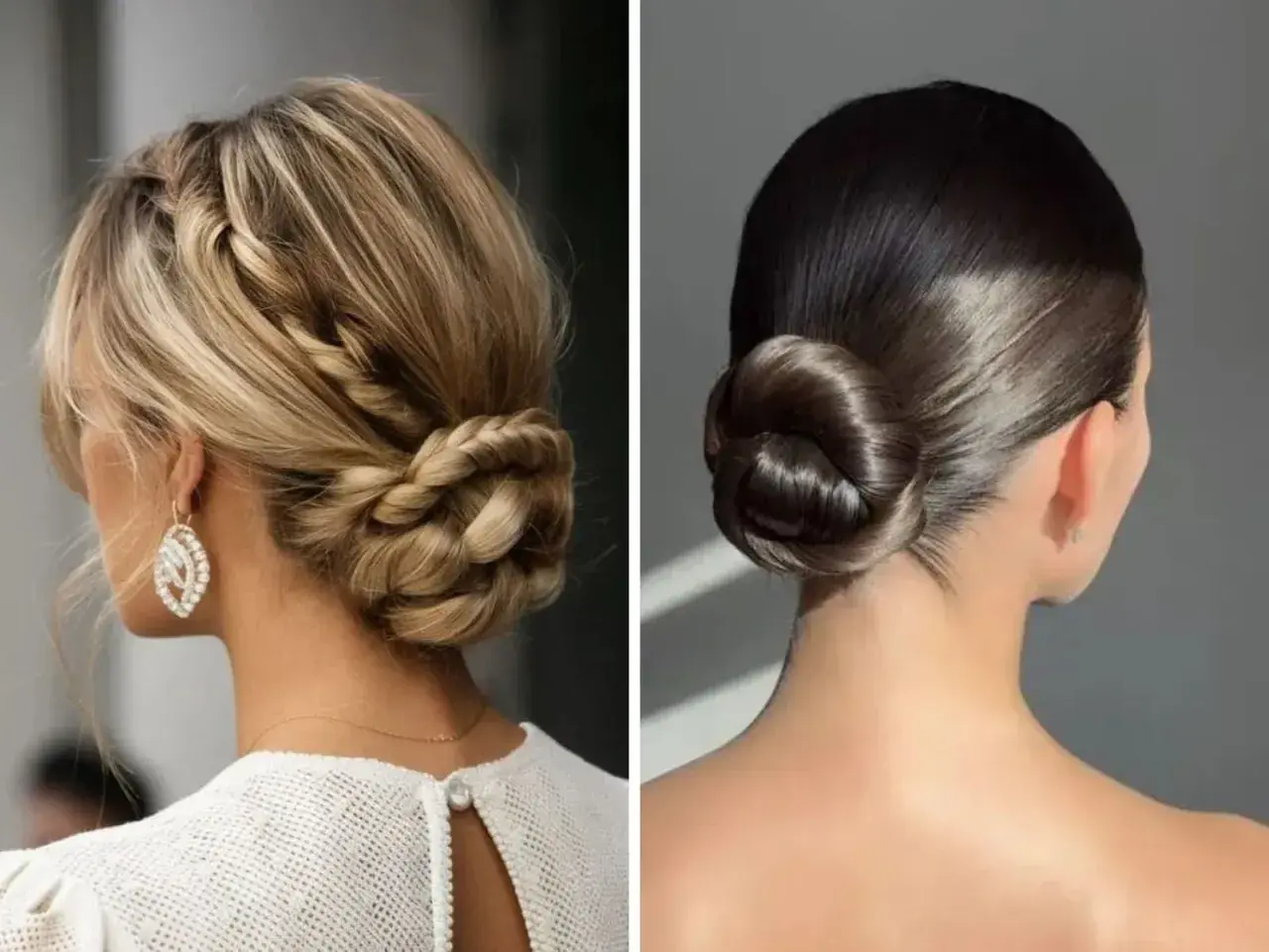 Dos recogidos elegantes, uno trenzado y otro liso, perfectos para una invitada de boda.