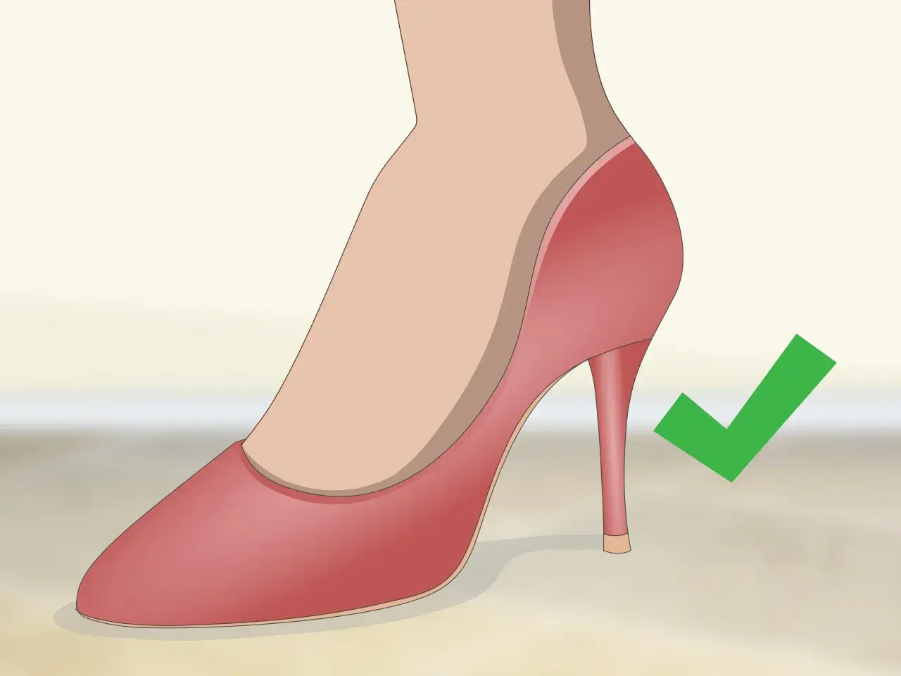 Tacón adecuado para la espalda: un zapato de tacón rosa con un cheque verde.