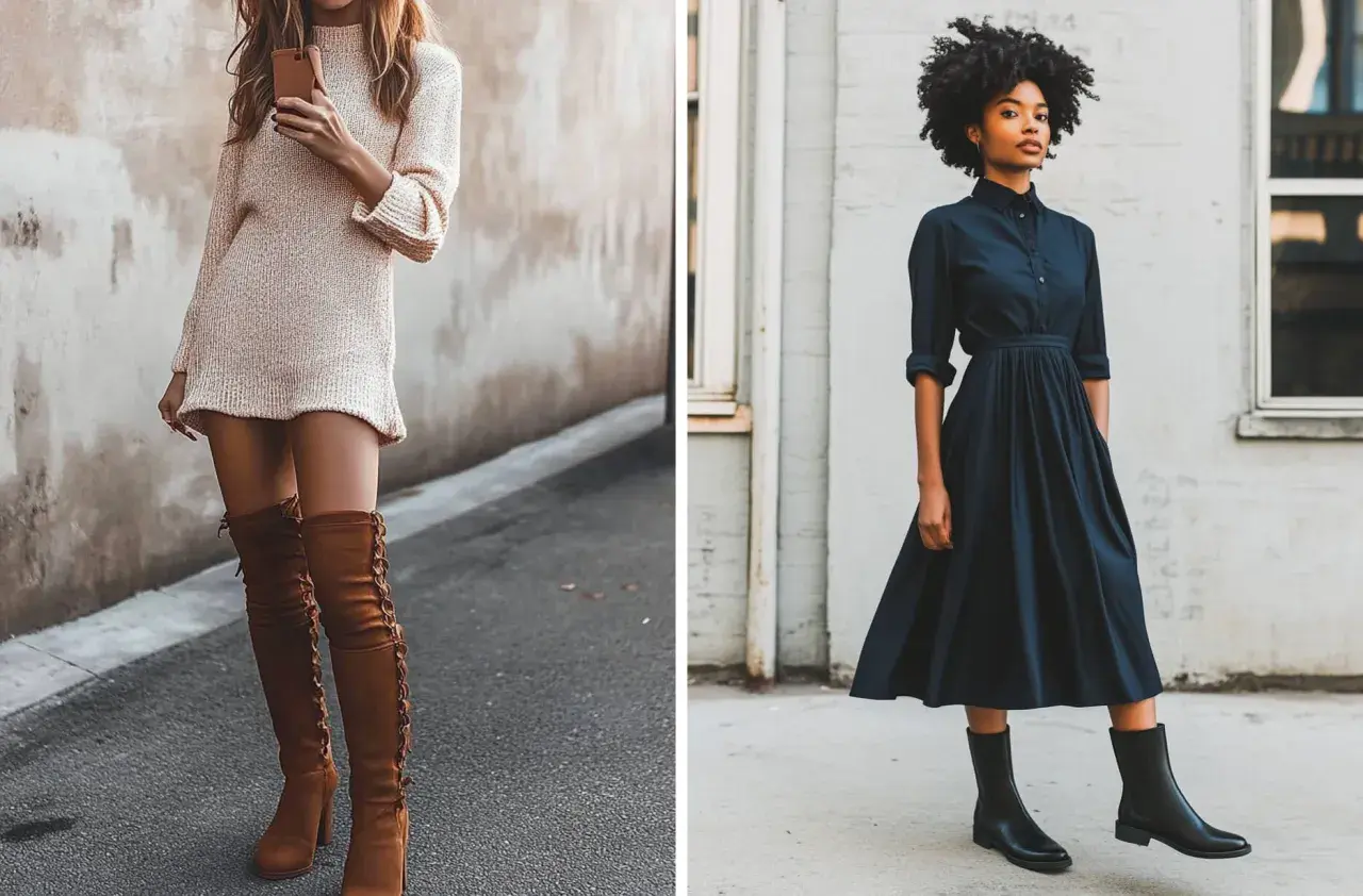 Dos mujeres lucen vestidos con botines: uno de punto beige con botas altas de ante marrón, y otro azul marino con botines negros.