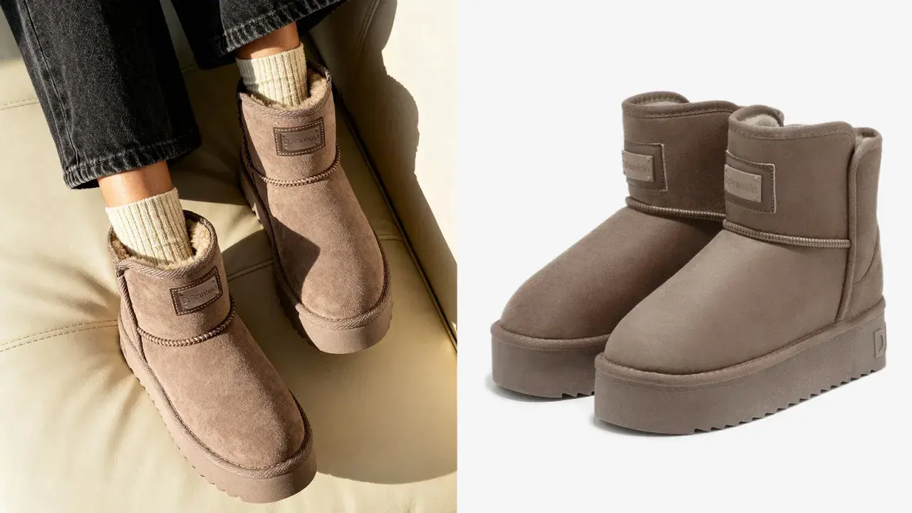 Dos tipos de botines marrones, uno puesto con calcetines de lana y otro en primer plano.