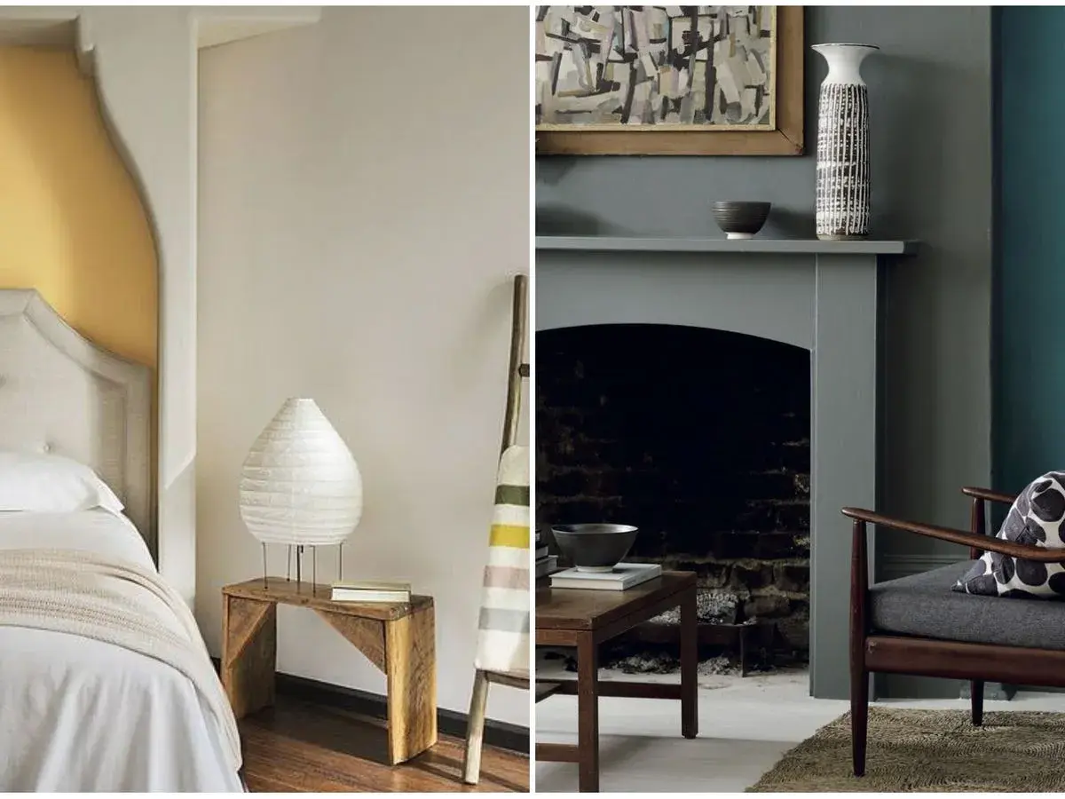 Dormitorio con cama y mesita, y salón con chimenea y sillón. El negro y gris combinan en la decoración, creando un ambiente moderno.