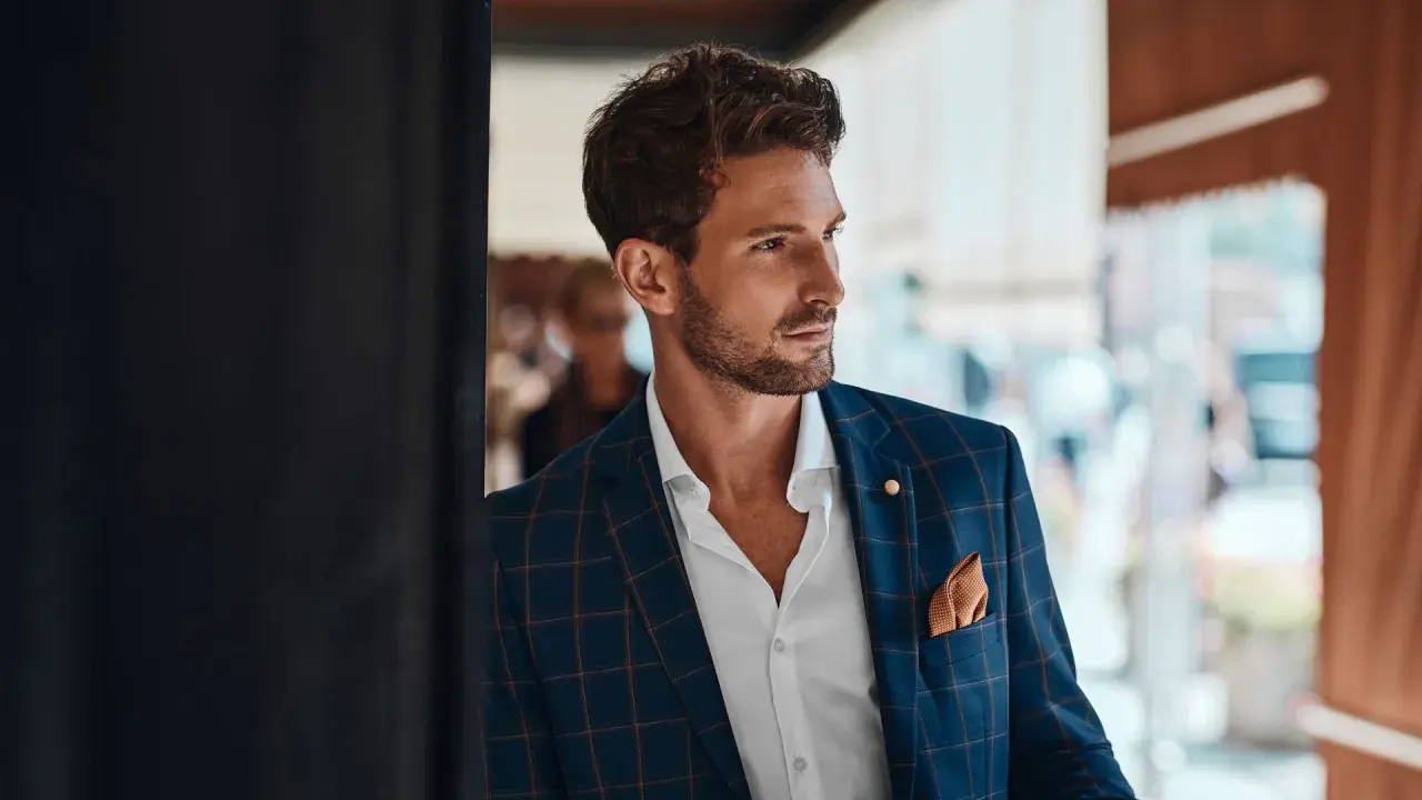 Un invitado boda hombre sin traje, con chaqueta a cuadros, camisa blanca y pañuelo naranja.