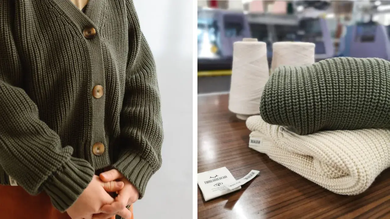 Primer plano de un cárdigan verde tejido y ovillos de hilo, mostrando diferentes tipos de fibras textiles.