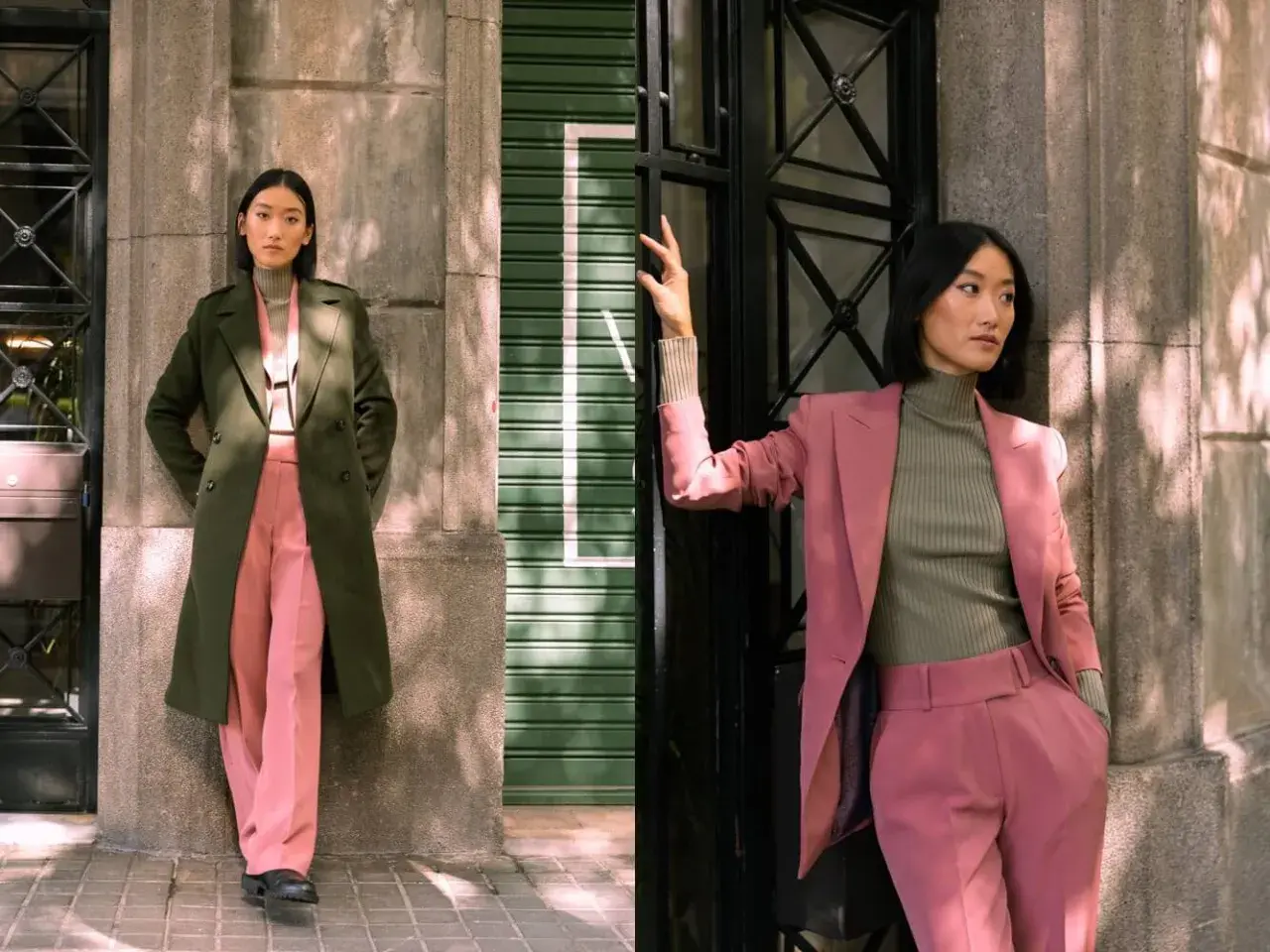 Dos mujeres posan en la calle. Una lleva un abrigo verde y pantalones rosas. La otra, un traje rosa y jersey verde. El verde y negro combinan con el entorno urbano.