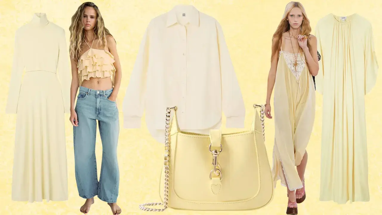 Un desfile de moda con vestidos largos, un top con volantes, jeans anchos, camisa y bolso, todos en tonos de amarillo.