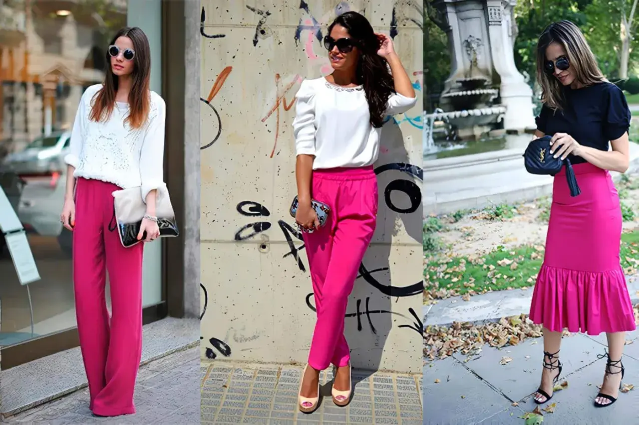 Tres mujeres lucen atuendos vibrantes con pantalones y faldas fucsias, demostrando los colores que combinan con fucsia.