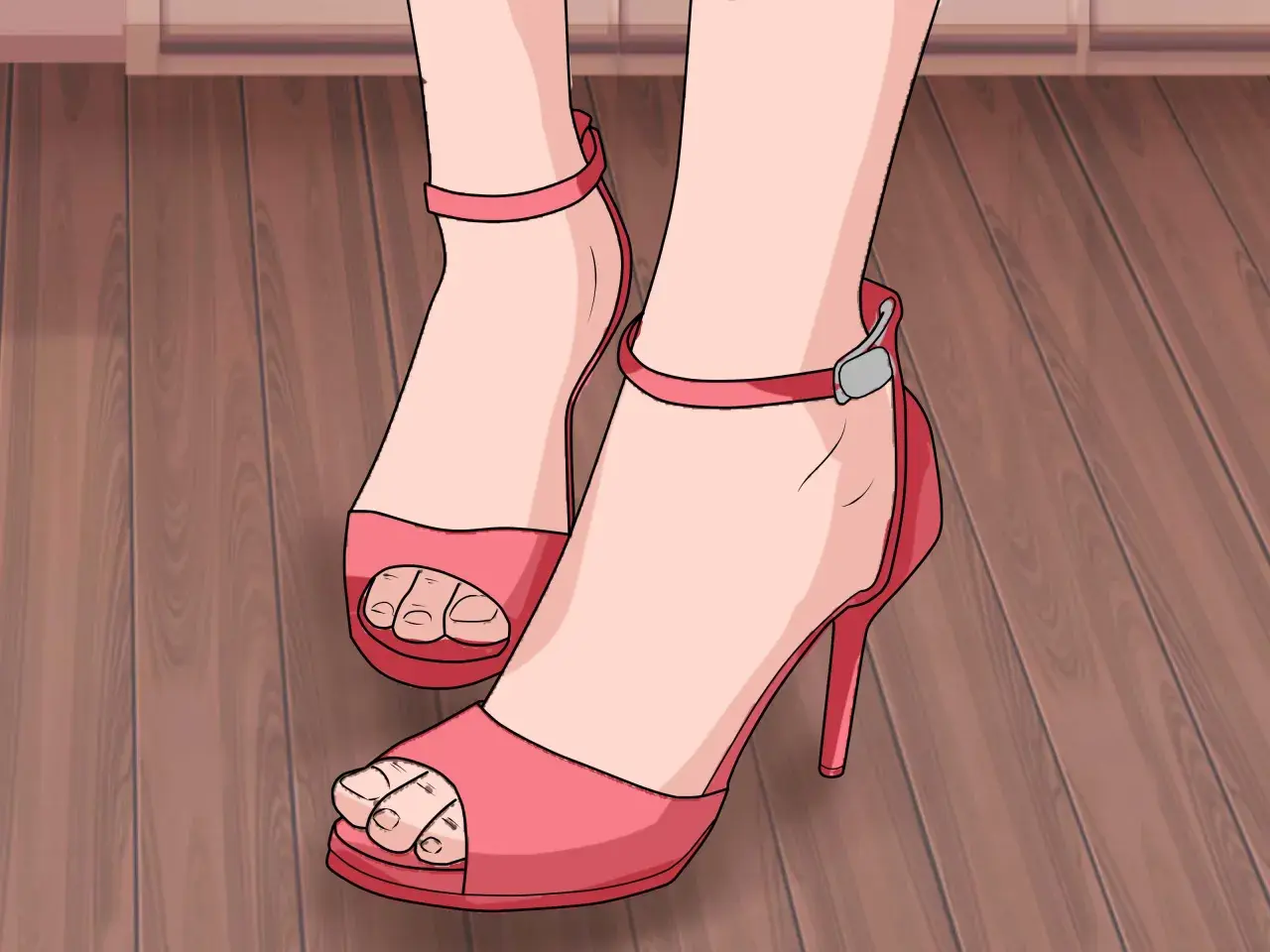 Pies con sandalias rojas y tacones de 10 cm son altos, listos para caminar con estilo sobre el suelo de madera.