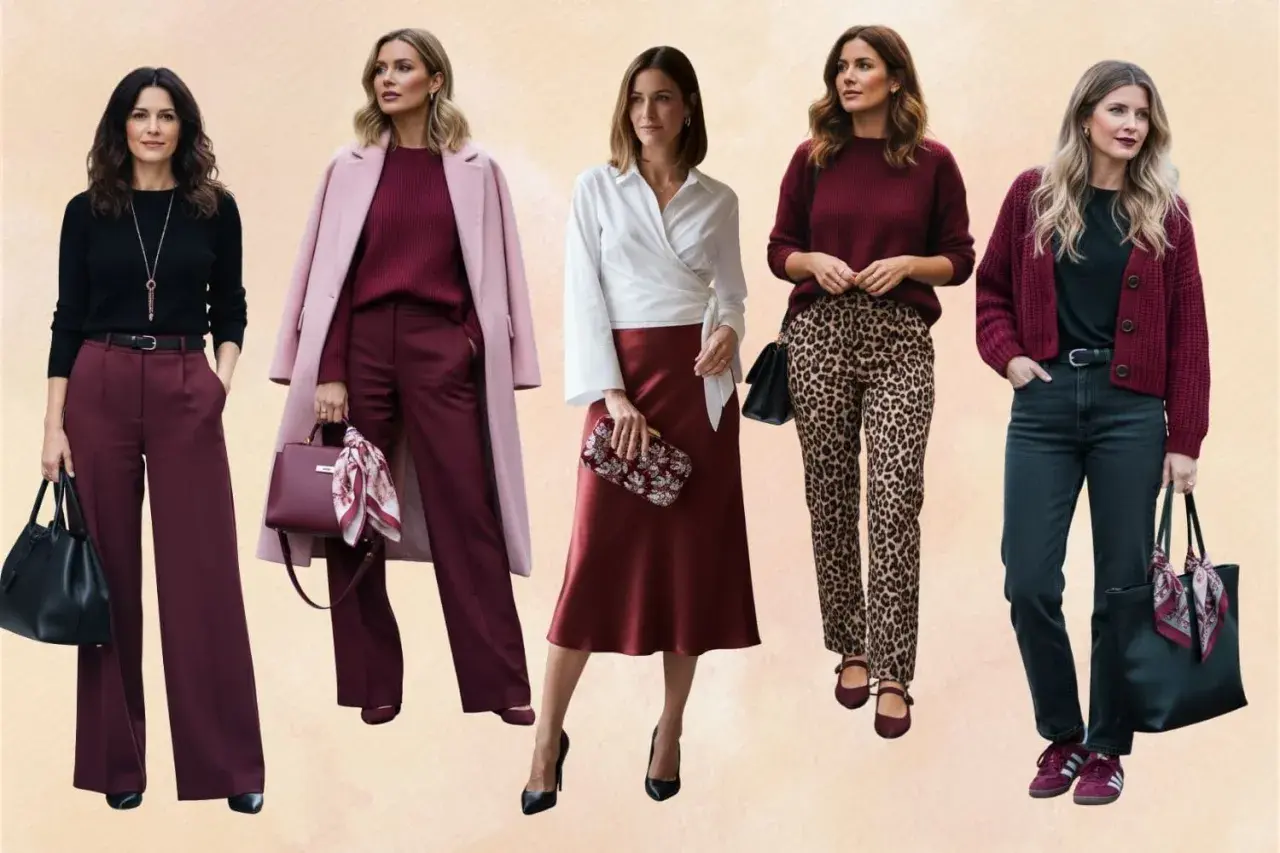 Cinco mujeres lucen atuendos elegantes en tonos burdeos, desde pantalones anchos hasta faldas satinadas y cárdigans.