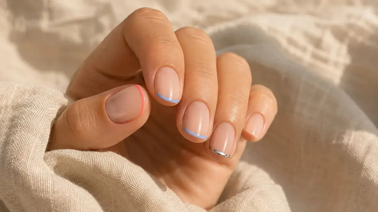 Manos con manicura francesa moderna: uñas cortas con base nude y puntas en coral, azul claro y plateado.