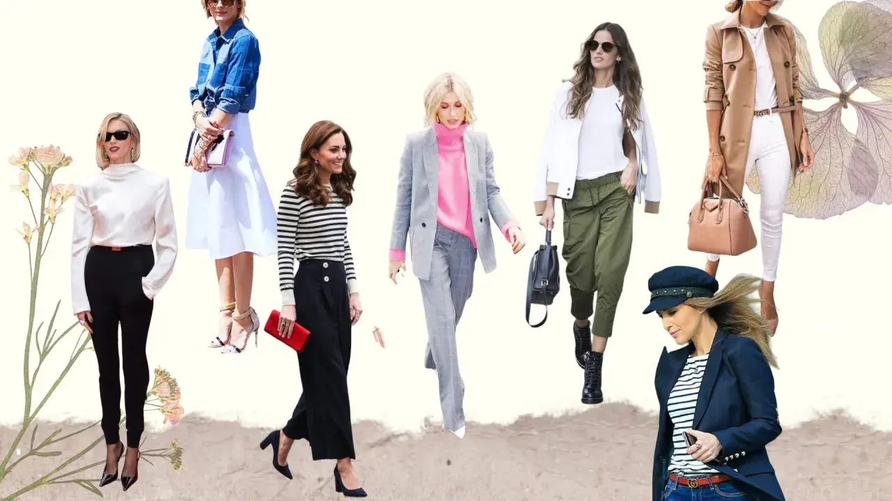 Mujeres con estilos variados, mostrando cómo lograr colores que combinen en atuendos elegantes y casuales, desde trajes de chaqueta hasta looks con gabardina.
