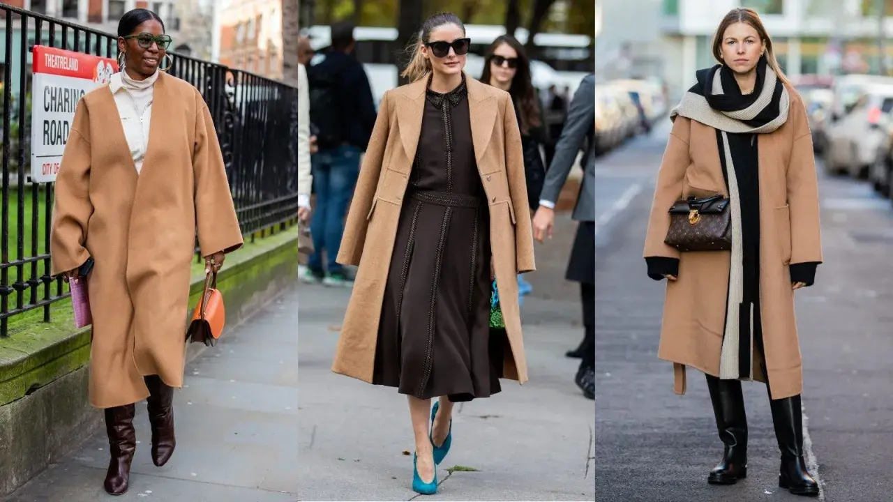 Tres mujeres lucen abrigos camel. Una combina botines camel mujer con un look elegante.