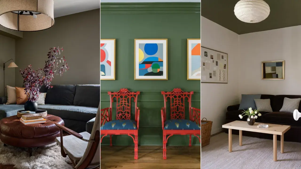 Interiores modernos con paredes verde oliva, combinaciones de colores vibrantes y muebles acogedores.