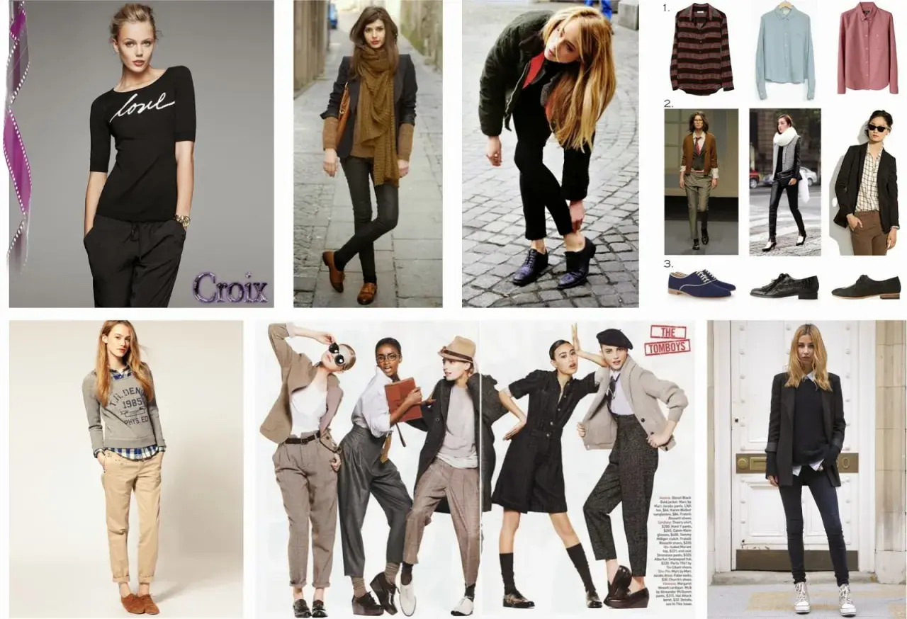 Estilos tomboys: mujeres con trajes de chaqueta, pantalones anchos y camisas, inspirados en la moda masculina.