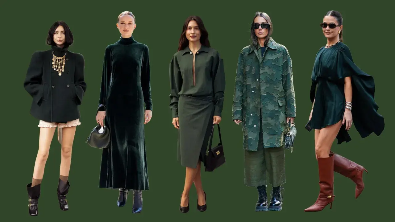 Cinco mujeres lucen atuendos en tonos de el verde, desde vestidos de terciopelo hasta abrigos texturizados y minivestidos elegantes.