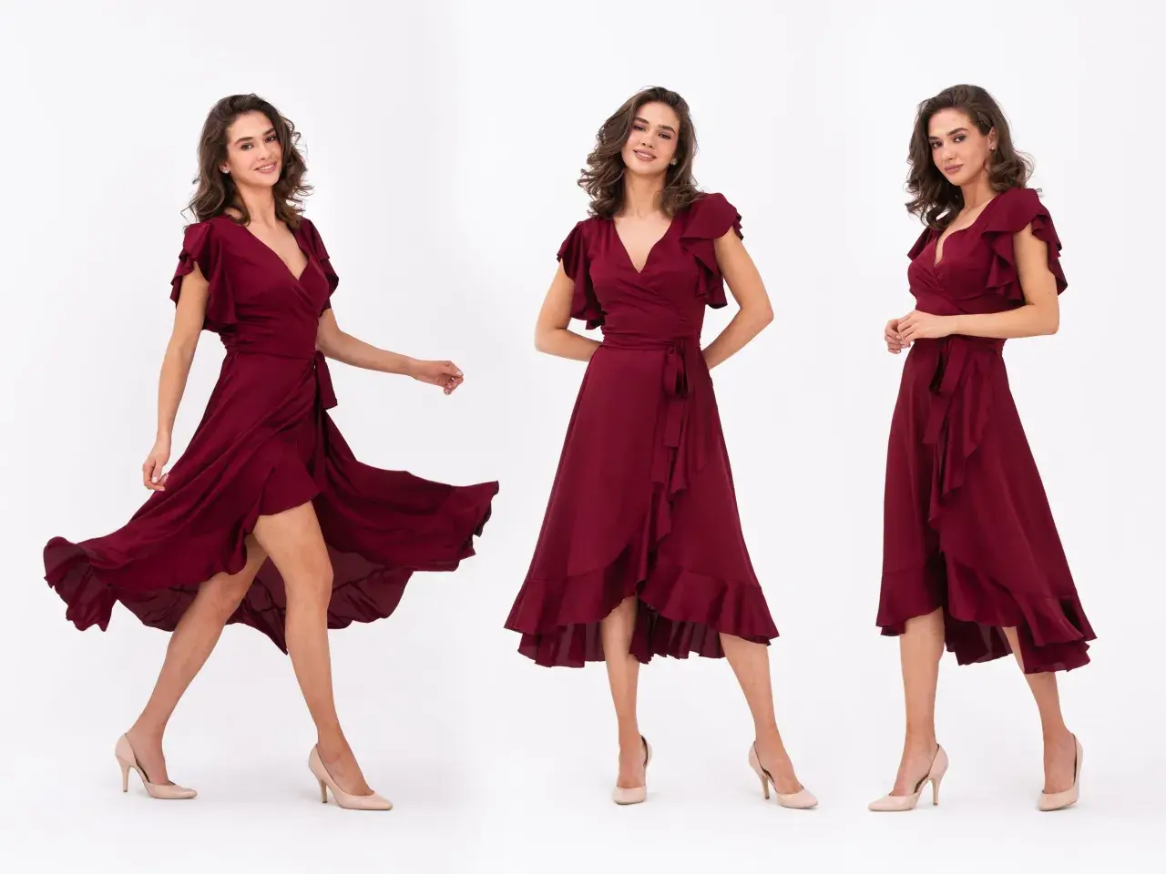 Tres vistas de una mujer con vestido burdeos y zapatos nude. Aprende cómo combinar vestido burdeos con zapatos para un look elegante.