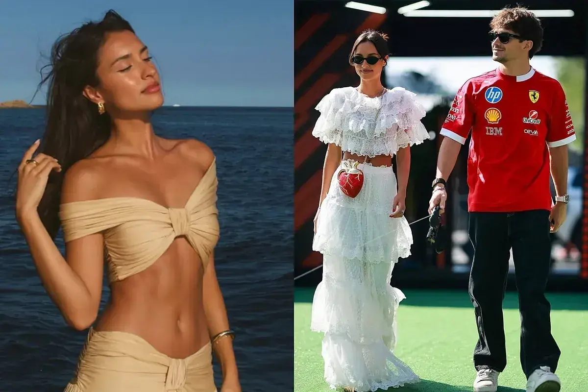 Alexandra Saint Mleux en bikini junto al mar y con un vestido blanco de encaje, junto a Charles Leclerc.