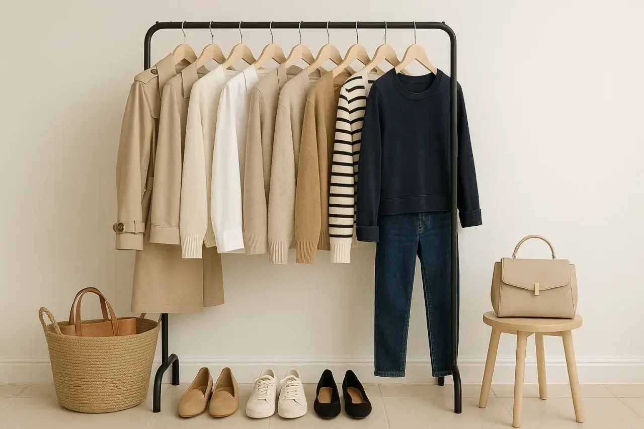 Un armario cápsula con prendas neutras: gabardina, jerséis, camisa, sudadera y vaqueros. Zapatos planos, zapatillas y bolso completan el look.