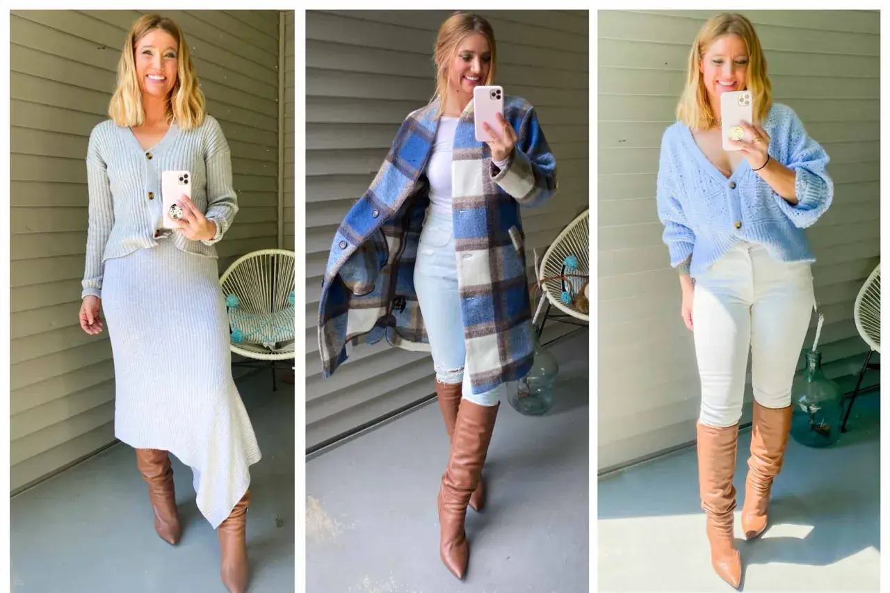 Tres looks de mujer con botas beige: con falda gris, abrigo de cuadros y jeans blancos.