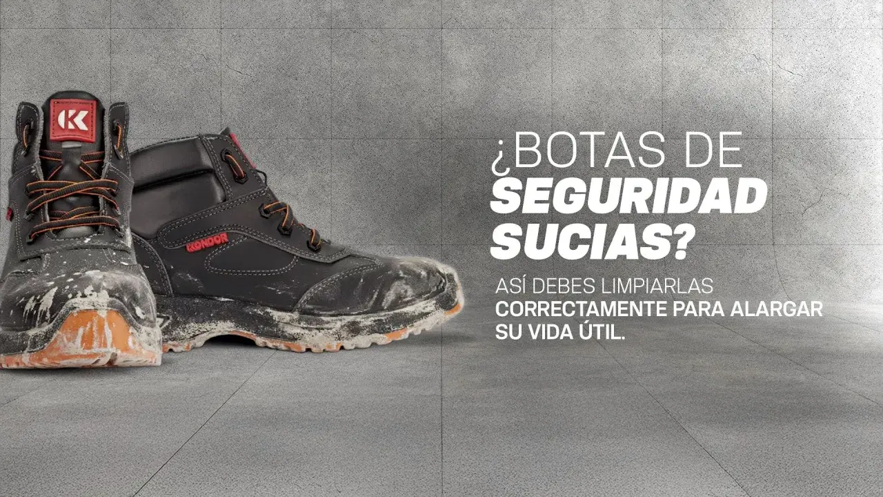 Botas de seguridad sucias con polvo y barro. Aprende cómo lavar botas de seguridad correctamente para prolongar su vida útil.