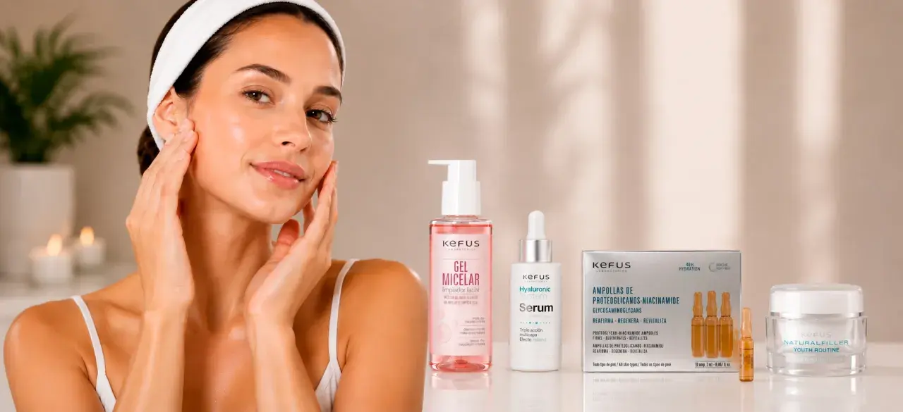 Mujer con piel radiante, aplicando productos de cuidado facial. Ideal para piel grasa, con gel micelar, serum y ampollas.