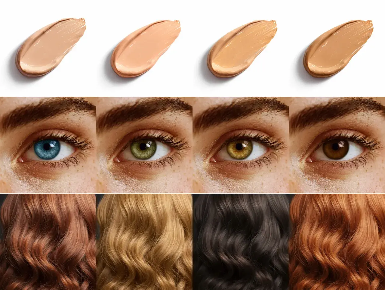 Muestras de bases de maquillaje, ojos de distintos colores y cabellos. Ideal para la **colorimetria primavera**.