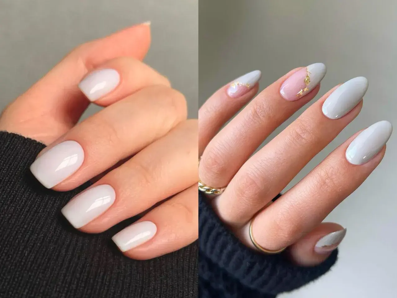 Manicura elegante con uñas blancas, algunas con detalles dorados y un toque de rosa pálido.