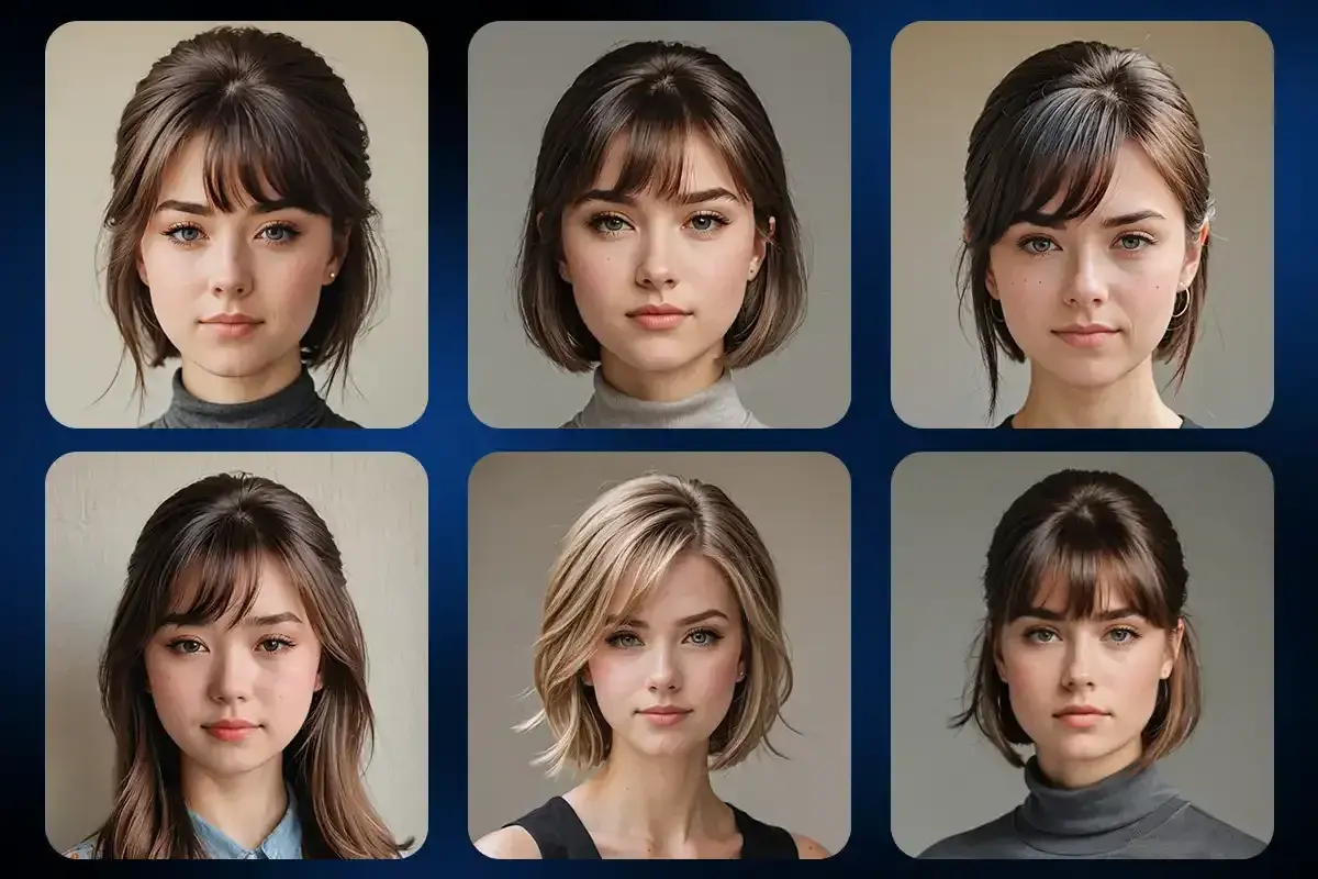 Seis retratos de mujeres con distintos tipos de flequillo, desde rectos y cortos hasta desfilados y laterales.