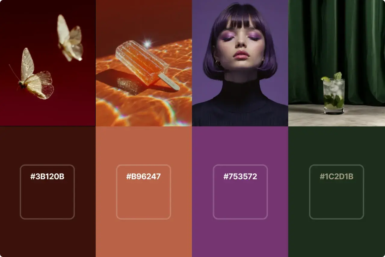 Paleta de colores de invierno: mariposas doradas, paleta de naranja brillante, modelo con maquillaje púrpura y mojito verde.